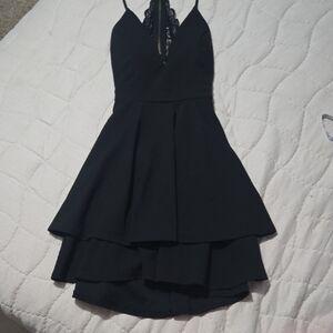 Honey and Rosie Black Lace-Back High-Low Tiered Dress